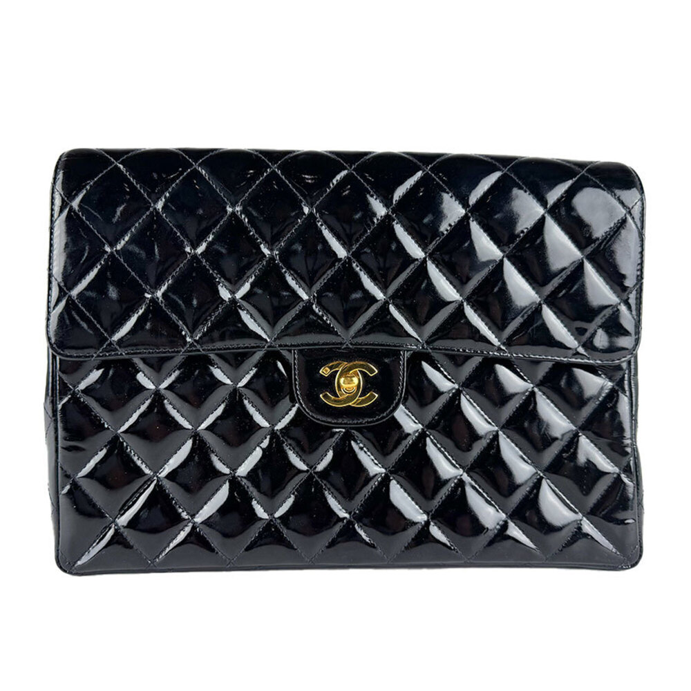Chanel CHANEL Backpack, Patent Leather, Black & Gold, Women's z10890